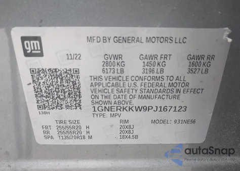 2023 Chevrolet Traverse Fwd Premier из США, поврежденный, VIN 1GNERKKW9PJ167123